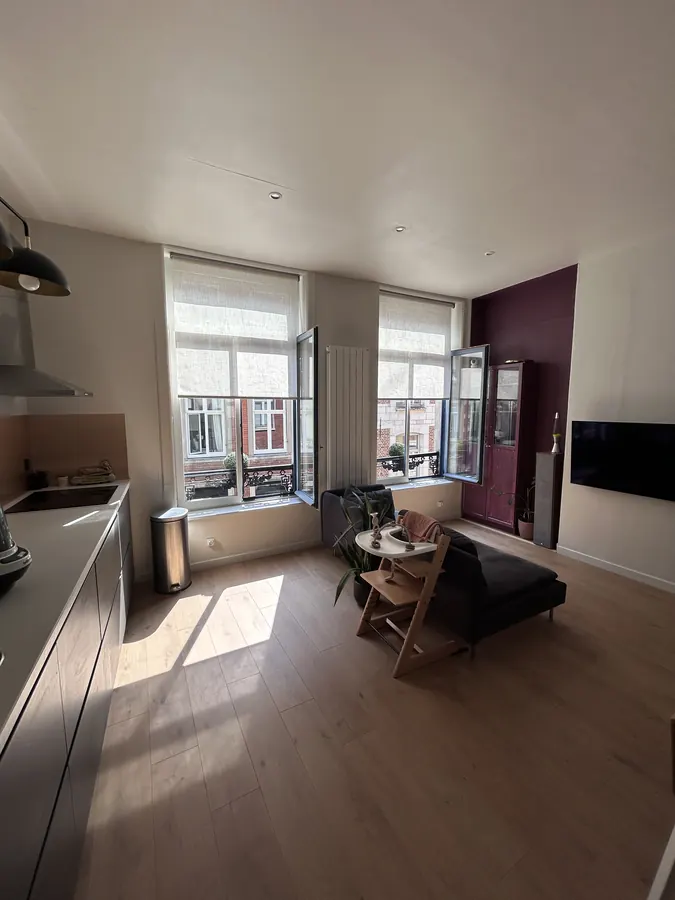 La pièce de vie vue depuis la cuisine, avec le mur d'accent prune